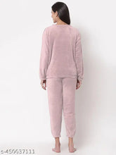 Women's pink solid woolen night suit set, long sleeve pajama ensemble for winter wear, made in India